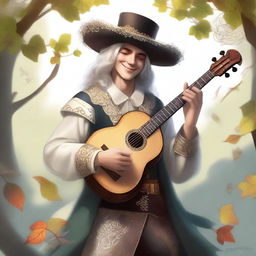 A human bard, adorned with a cavalier’s hat, is smiling as he feels the gentle wind and warm sunlight on his face