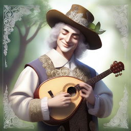 A human bard, adorned with a cavalier’s hat, is smiling as he feels the gentle wind and warm sunlight on his face