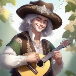 A human bard, adorned with a cavalier’s hat, is smiling as he feels the gentle wind and warm sunlight on his face