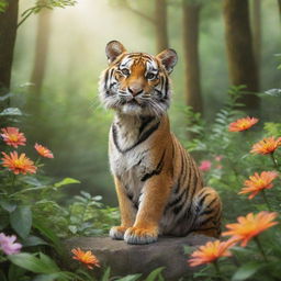 A cute, playful tiger immersed in the vibrant beauty of a serene, sunlit forest, full of lush green trees and flowers.