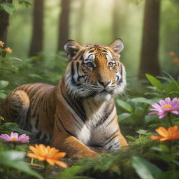 A cute, playful tiger immersed in the vibrant beauty of a serene, sunlit forest, full of lush green trees and flowers.