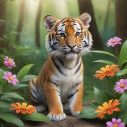 A cute, playful tiger immersed in the vibrant beauty of a serene, sunlit forest, full of lush green trees and flowers.