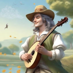 A bard, dressed in fine but simple clothes and a cavalier’s hat, is smiling as he feels the gentle caress of the wind and the warm kiss of the sunlight on his face