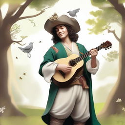 A bard, dressed in fine but simple clothes and a cavalier’s hat, is smiling as he feels the gentle caress of the wind and the warm kiss of the sunlight on his face