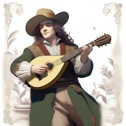 A bard, dressed in fine but simple clothes and a cavalier’s hat, is smiling as he feels the gentle caress of the wind and the warm kiss of the sunlight on his face