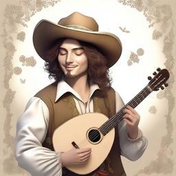 A bard, dressed in fine but simple clothes and a cavalier’s hat, is smiling as he feels the gentle caress of the wind and the warm kiss of the sunlight on his face