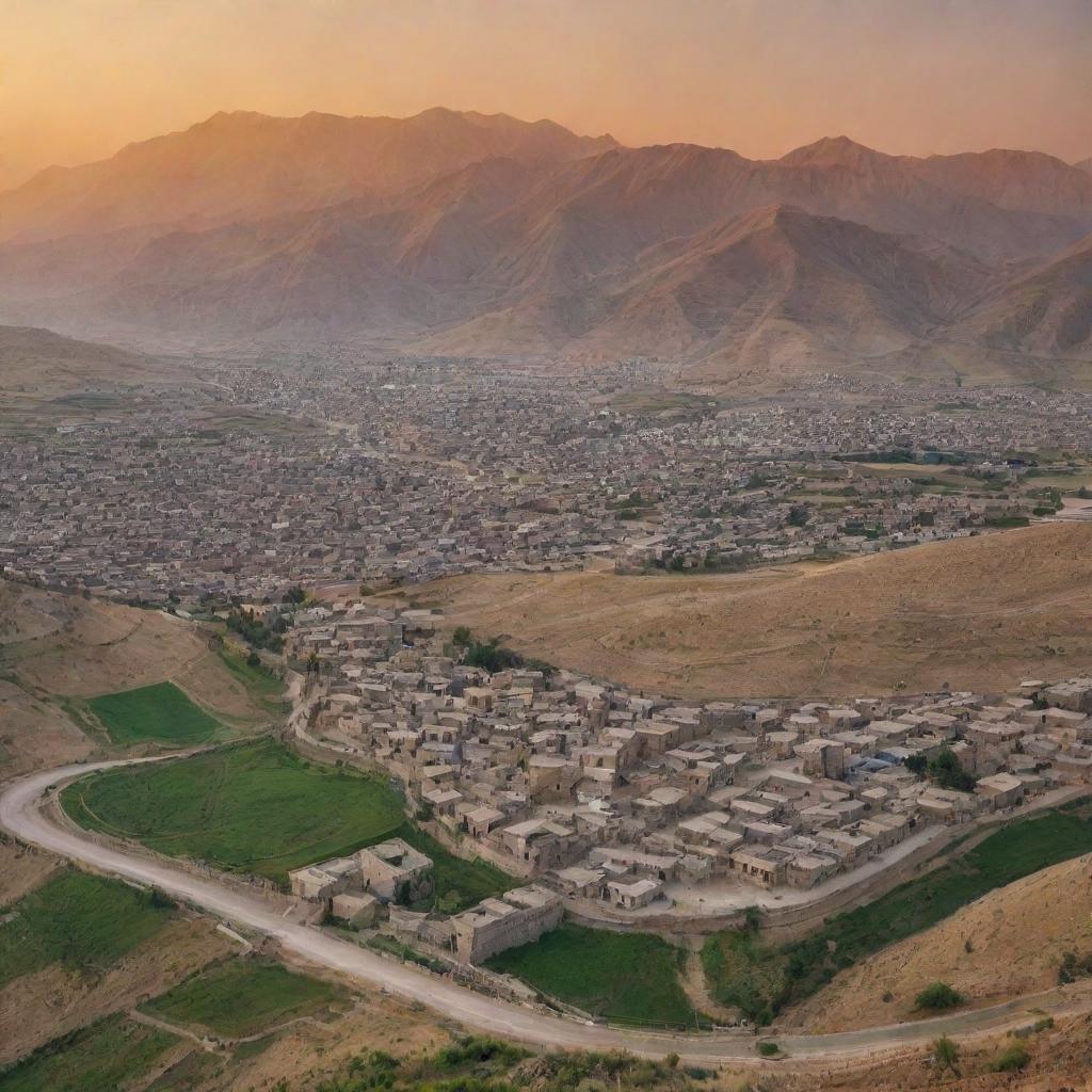 A breathtaking panorama of Kurdistan at sunset, highlighting its mountainous terrain, lush valleys, and vibrant culture with traditional Kurdish homes dotting the landscape.