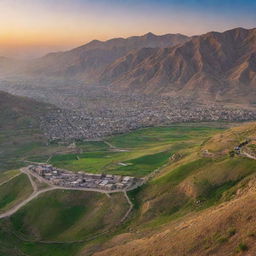 A breathtaking panorama of Kurdistan at sunset, highlighting its mountainous terrain, lush valleys, and vibrant culture with traditional Kurdish homes dotting the landscape.