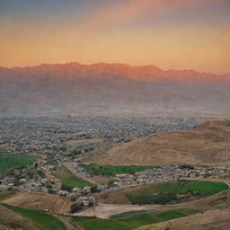 A breathtaking panorama of Kurdistan at sunset, highlighting its mountainous terrain, lush valleys, and vibrant culture with traditional Kurdish homes dotting the landscape.