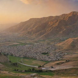 A breathtaking panorama of Kurdistan at sunset, highlighting its mountainous terrain, lush valleys, and vibrant culture with traditional Kurdish homes dotting the landscape.