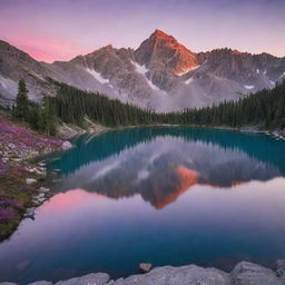 A breathtaking sunset atop a majestic mountain peak with vibrant hues of pinks, oranges, and purples reflecting off a serene, glass-like alpine lake nestled in the valley below.