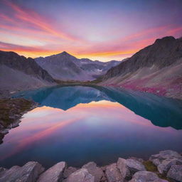 A breathtaking sunset atop a majestic mountain peak with vibrant hues of pinks, oranges, and purples reflecting off a serene, glass-like alpine lake nestled in the valley below.