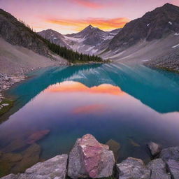 A breathtaking sunset atop a majestic mountain peak with vibrant hues of pinks, oranges, and purples reflecting off a serene, glass-like alpine lake nestled in the valley below.