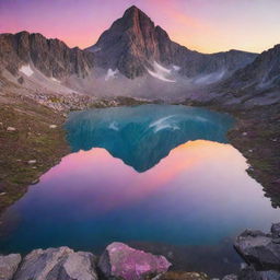 A breathtaking sunset atop a majestic mountain peak with vibrant hues of pinks, oranges, and purples reflecting off a serene, glass-like alpine lake nestled in the valley below.