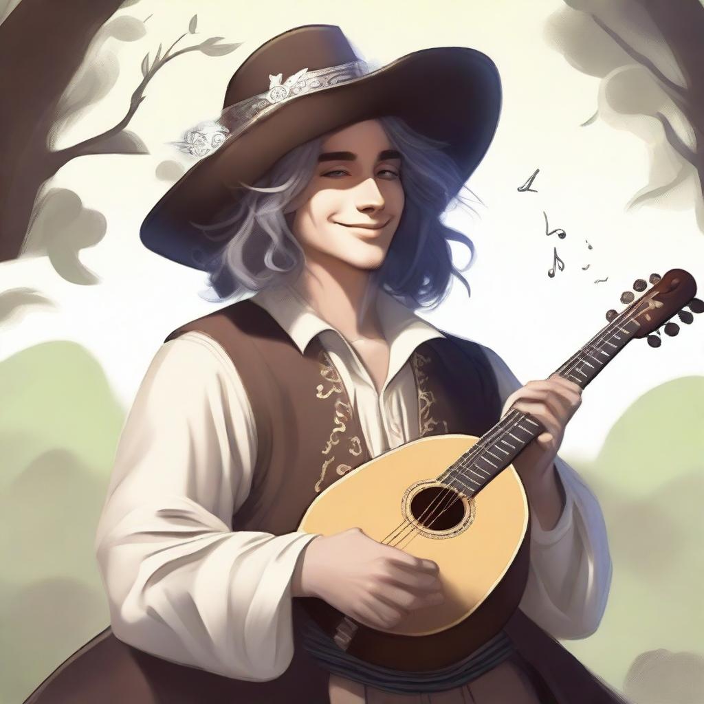 A human bard, dressed in fine but simple clothes and a cavalier’s hat, is smiling as he feels the wind and sunlight on his face