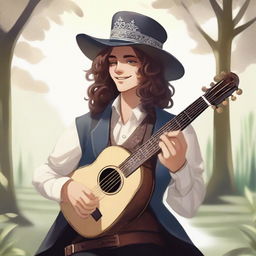 A human bard, dressed in fine but simple clothes and a cavalier’s hat, is smiling as he feels the wind and sunlight on his face