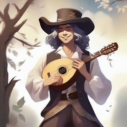 A human bard, dressed in fine but simple clothes and a cavalier’s hat, is smiling as he feels the wind and sunlight on his face