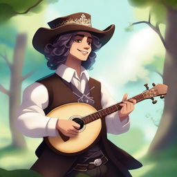 A human bard, dressed in fine but simple clothes and a cavalier’s hat, is smiling as he feels the wind and sunlight on his face