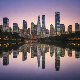 An enchanting city scene at dusk, skyscrapers illumining the skyline, their reflections dancing in a calm river beneath.