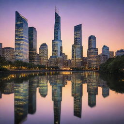 An enchanting city scene at dusk, skyscrapers illumining the skyline, their reflections dancing in a calm river beneath.