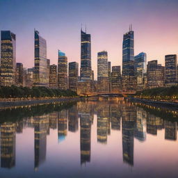 An enchanting city scene at dusk, skyscrapers illumining the skyline, their reflections dancing in a calm river beneath.