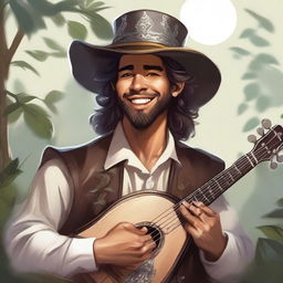 A Dungeons and Dragons style portrait of a human bard, wearing a cavalier’s hat and dressed in fine but simple clothes