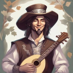 A Dungeons and Dragons style portrait of a human bard, wearing a cavalier’s hat and dressed in fine but simple clothes