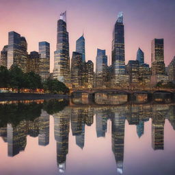 An enchanting city scene at dusk, skyscrapers illumining the skyline, their reflections dancing in a calm river beneath.