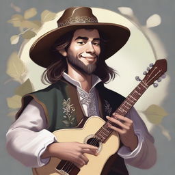 A Dungeons and Dragons style portrait of a human bard, wearing a cavalier’s hat and dressed in fine but simple clothes