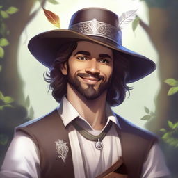 A Dungeons and Dragons style portrait of a human bard, wearing a cavalier’s hat and dressed in fine but simple clothes