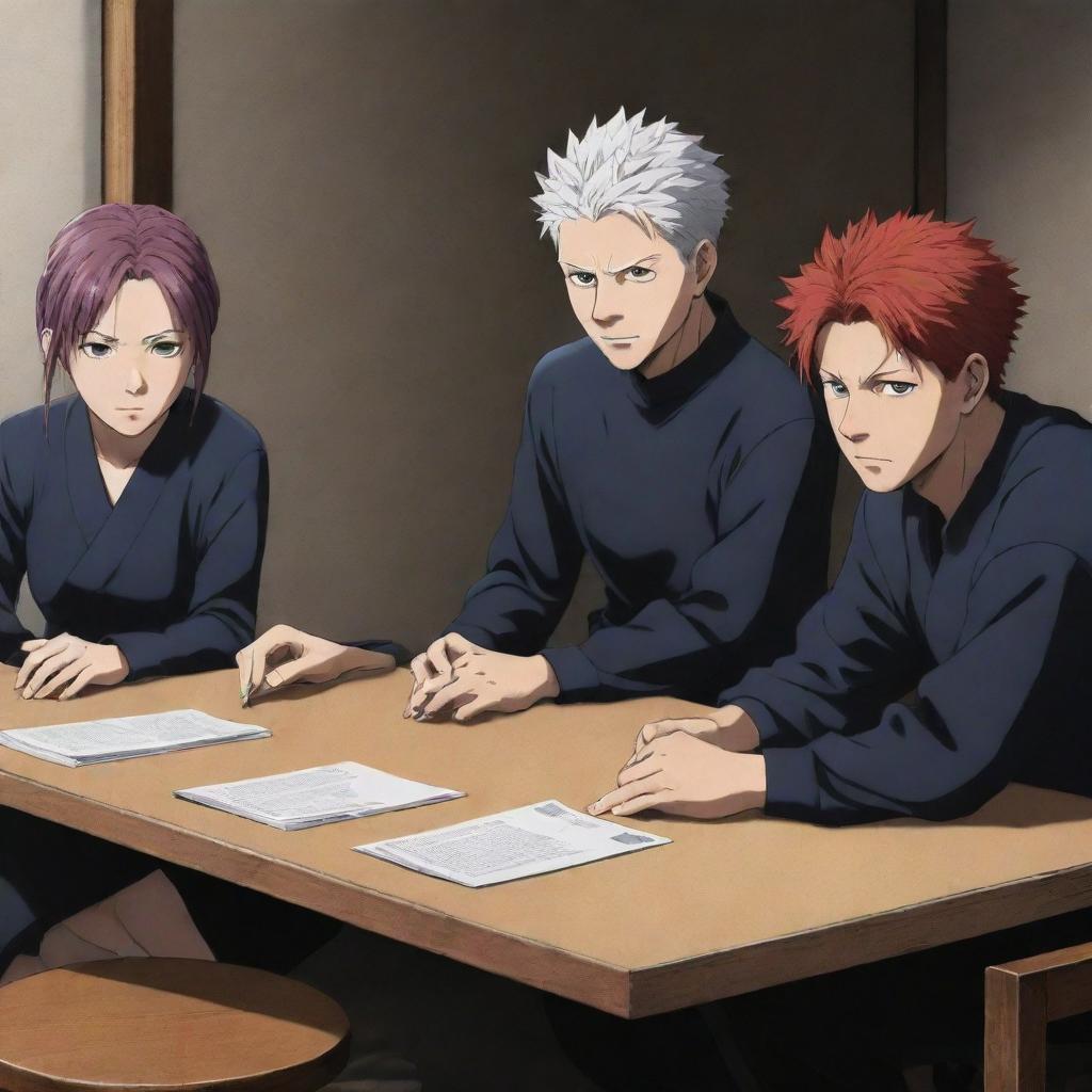 Illustration of Jujutsu Kaisen characters: Gojo, Megumi, Itadori, Nobara, sitting around a table, rendered in Mappa Studio art style.