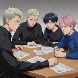 Illustration of Jujutsu Kaisen characters: Gojo, Megumi, Itadori, Nobara, sitting around a table, rendered in Mappa Studio art style.