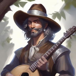 A Dungeons and Dragons portrait of a human bard, attired in a cavalier’s hat and fine but simple clothes