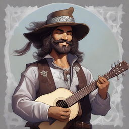 A Dungeons and Dragons portrait of a human bard, attired in a cavalier’s hat and fine but simple clothes