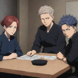 Illustration of Jujutsu Kaisen characters: Gojo, Megumi, Itadori, Nobara, sitting around a table, rendered in Mappa Studio art style.