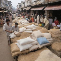 A bustling marketplace scene involving the trade of rice with bags of Basmati rice prominently displayed.