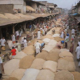 A bustling marketplace scene involving the trade of rice with bags of Basmati rice prominently displayed.