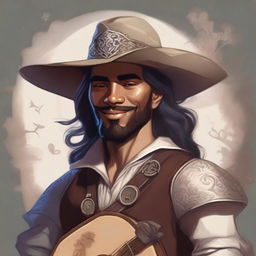 A Dungeons and Dragons style portrait of a human bard, adorned in a cavalier’s hat and simple but fine clothes