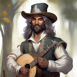 A Dungeons and Dragons style portrait of a human bard, adorned in a cavalier’s hat and simple but fine clothes