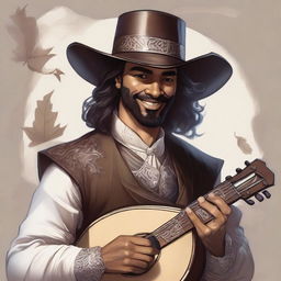 A Dungeons and Dragons style portrait of a human bard, adorned in a cavalier’s hat and simple but fine clothes