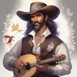 A Dungeons and Dragons style portrait of a human bard, adorned in a cavalier’s hat and simple but fine clothes