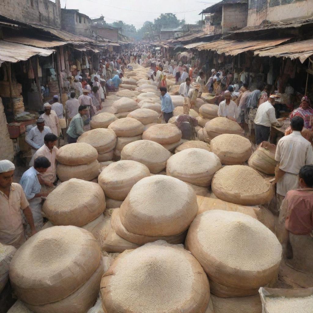 A bustling marketplace scene involving the trade of rice with bags of Basmati rice prominently displayed.