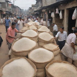 A bustling marketplace scene involving the trade of rice with bags of Basmati rice prominently displayed.