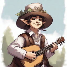 A Dungeons and Dragons portrait of a halfling bard, adorned in fine yet simple clothes and a cavalier’s hat, smiling as he feels the wind and sunlight on his face