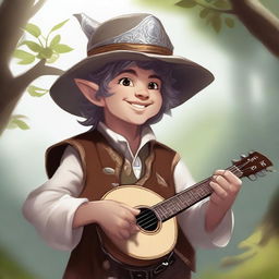 A Dungeons and Dragons portrait of a halfling bard, adorned in fine yet simple clothes and a cavalier’s hat, smiling as he feels the wind and sunlight on his face