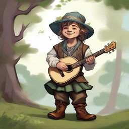 A Dungeons and Dragons portrait of a halfling bard, adorned in fine yet simple clothes and a cavalier’s hat, smiling as he feels the wind and sunlight on his face