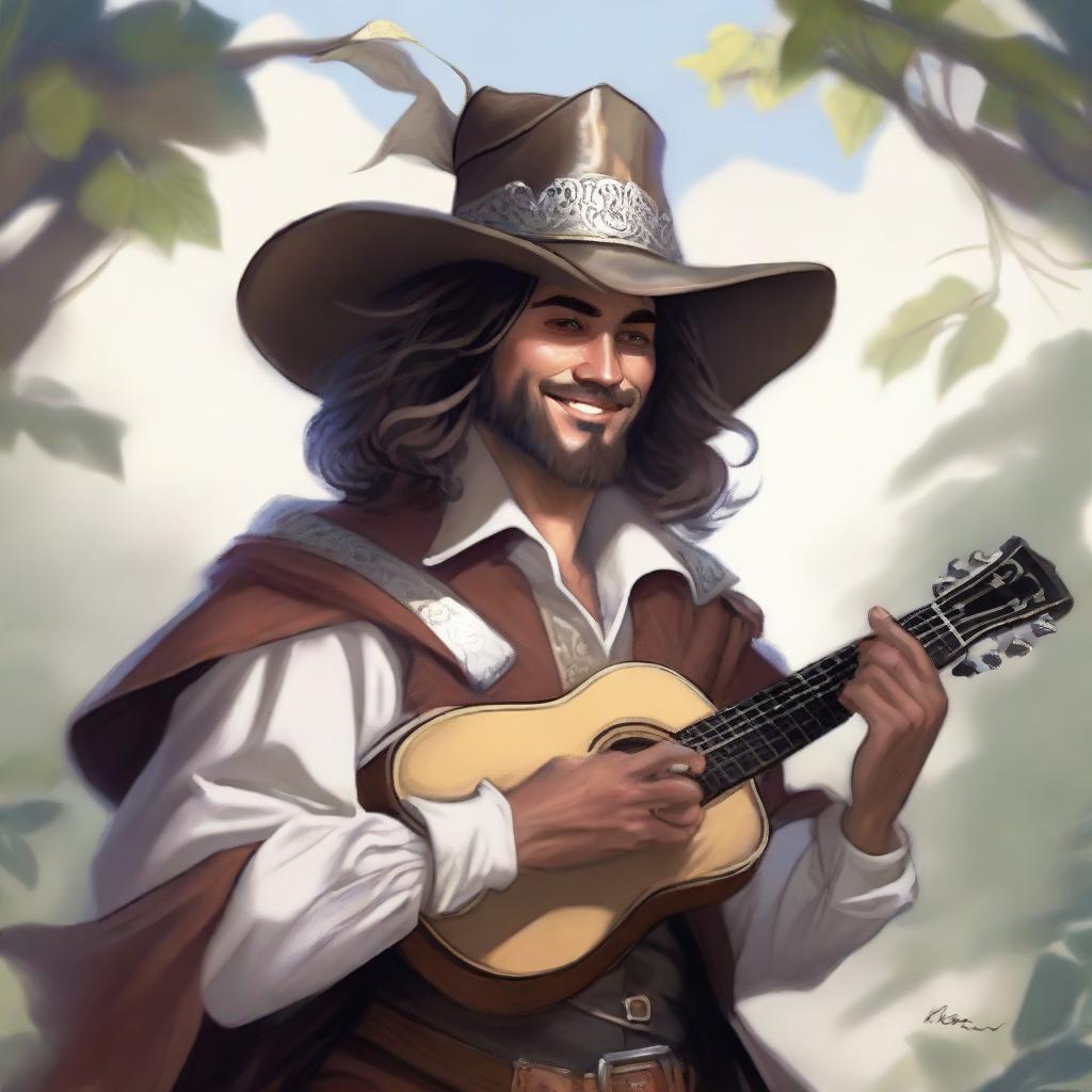 A painted Dungeons and Dragons style portrait of a human bard, dressed in a cavalier’s hat and fine yet simple clothes