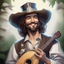 A painted Dungeons and Dragons style portrait of a human bard, dressed in a cavalier’s hat and fine yet simple clothes