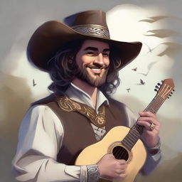 A painted Dungeons and Dragons style portrait of a human bard, dressed in a cavalier’s hat and fine yet simple clothes