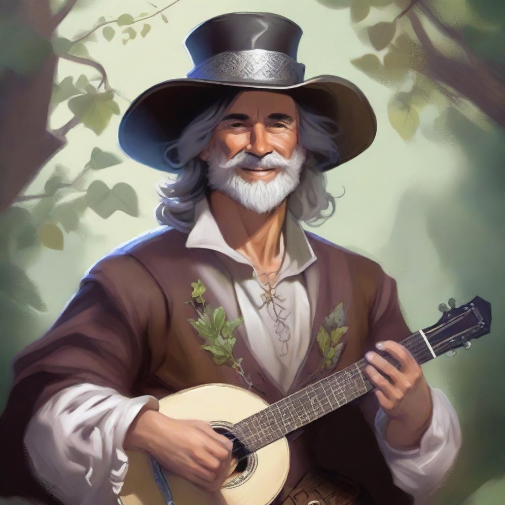 A painted Dungeons and Dragons style portrait of a human bard, dressed in a cavalier’s hat and fine yet simple clothes